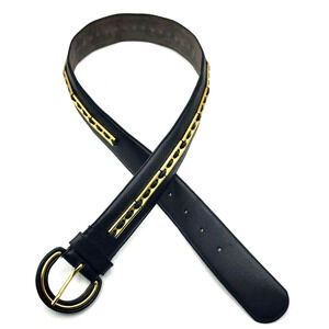 BELCINTO Women's Black Leather Belt With Gold Bar Accents 34" Long 1.5" Wide